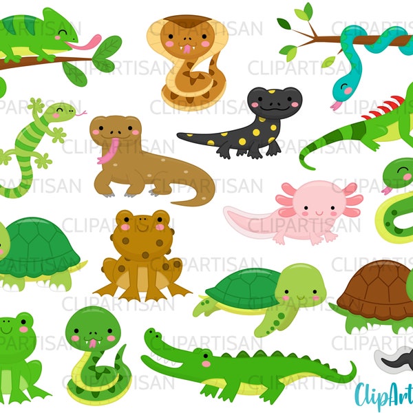 Reptiles Digital Stamps, Amphibians Clip Art, Chameleon, Crocodile, Lizard, Snake, Turtle, Tortoise, Axolotl, Salamander, PNG
