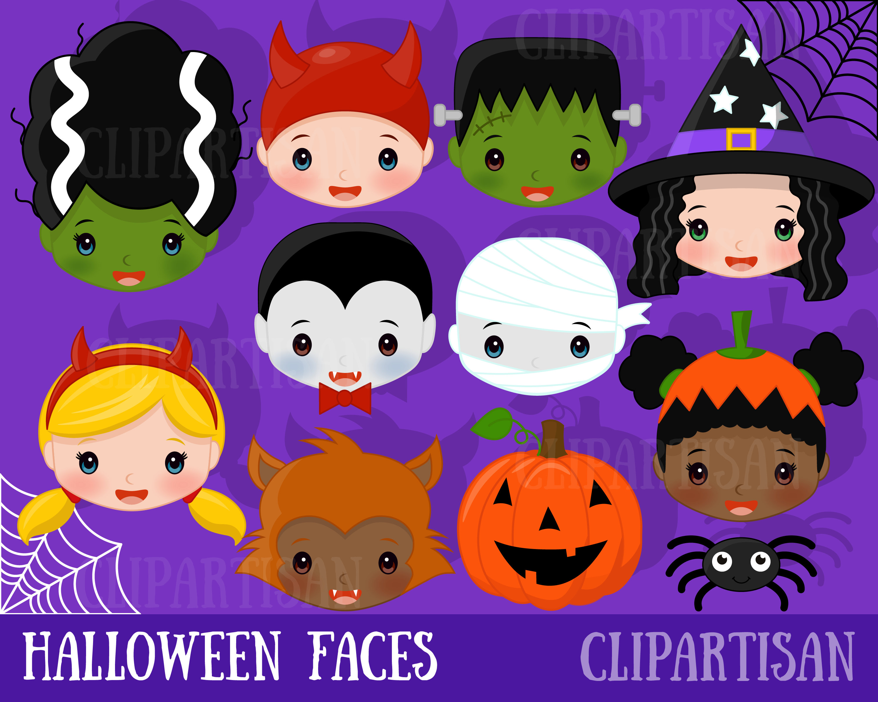 Halloween Faces Clipart, Frankenstein, Dracula, Ghost, Mummy, Devil, Werewolf, Witch.