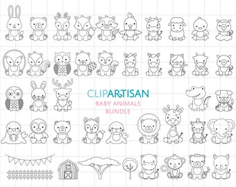 May include: A set of 40 black and white illustrations of baby animals, including a rabbit, fox, raccoon, owl, deer, penguin, lion, giraffe, elephant, monkey, and more. The illustrations are perfect for creating baby shower invitations, cards, or other crafts.