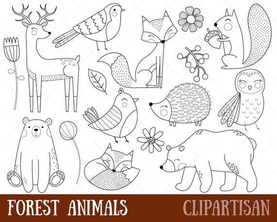 Wald Tiere Clipart Digitale Briefmarken Schwarz Und Weisse Etsy