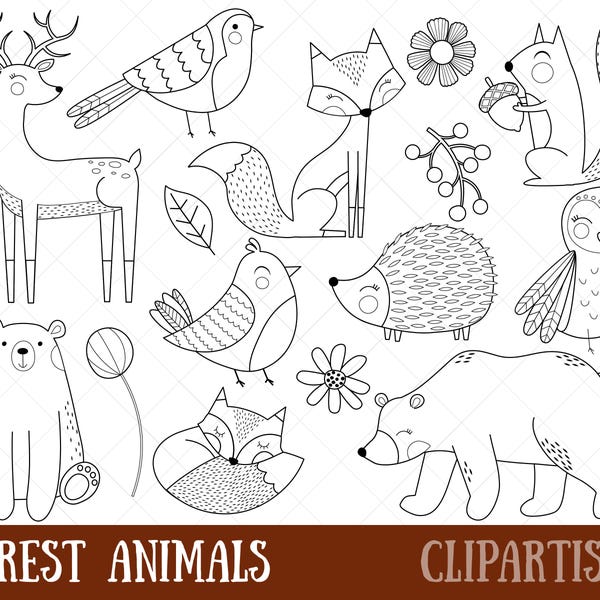 Woodland Animals Clipart Digital Stamps / Black and White Line Art / Forest Clipart / Fox / Bear / Deer / Owl / Hedgehog / EPS SVG