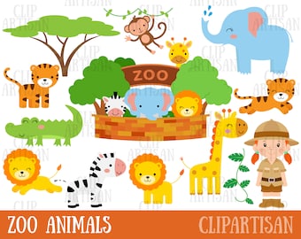 Safari Zoo Animals Clipart, Zoo Keeper, Jungle Animals, Monkey, Giraffe,  Elephant, Crocodile, Lion, Tiger, Zebra