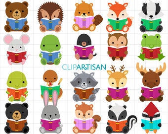 Woodland Animals Reading a Book Clipart Bundle, Woodland Animals, Back to School Printable, PNG SVG 0060