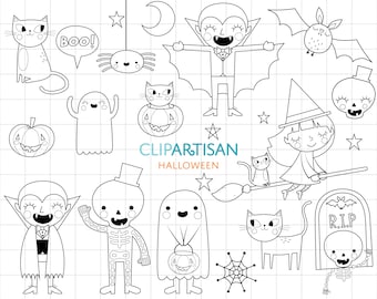 May include: Black and white line art illustrations of Halloween characters and objects.  Includes a vampire, ghost, witch, cat, pumpkin, bat, spider, skeleton, and a tombstone with the text "RIP".