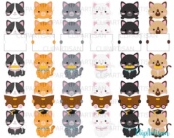 Kittens Clipart Cute Kitty Cats Kitties Pets Graphics Digital Stamps Toppers Cat Faces Graduation PNG JPEG Instant Download 0002
