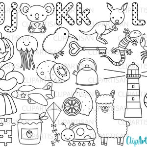 Puede incluir: Ilustraciones en blanco y negro de línea de varios objetos, incluyendo un kiwi, un canguro, una mariquita, una tetera, un faro, una piruleta, una llama, una jalea, una calabaza, un koala, una llave, un avión, un tarro de mermelada, un rompecabezas, un lagarto, una langosta, una medusa, una letra J, una letra K, una letra L y un limón.