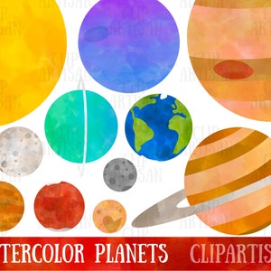 May include: Watercolor clipart of planets in the solar system. The planets are painted in various colors, including yellow, blue, green, orange, and red. The planets are arranged in a random order. The text "WATERCOLOR PLANETS CLIPARTISAN" is at the bottom of the image.