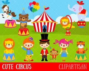 Circus Clipart / carnaval illustraties / Clowns / Lion Tamer / Circus afdrukbare / Lion / olifant / Monkey / Bear Clip Art