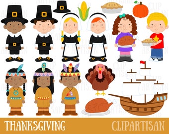 Thanksgiving Clip Art, Pilgrims, Native Americans, Fall, Autumn, Pumpkins