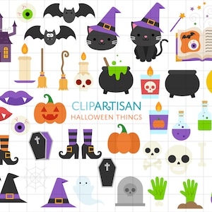 Halloween Things Clipart, Ghost, Witch's Cat, Witch, Pumpkin, Jack o' Lantern, Skull, Halloween Doodles, SVG, PNG, 0041