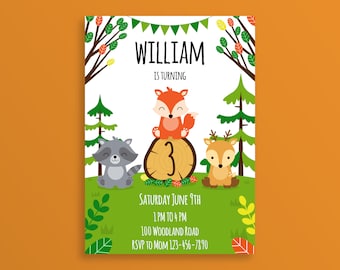 Woodland Animals Birthday Invitation, Fox Birthday Invite, 1st Birthday