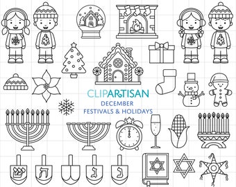 December Festivals and Holidays Clipart, Hanukkah Digital Stamps, Kwanzaa Clipart, Las Posada, New Year's Eve, Winter Clipart PNG SVG 0053