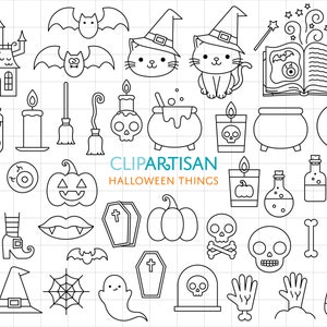 Halloween Things Clipart, Ghost, Witch's Cat, Pumpkin, Jack o' Lantern, Halloween Doodles Digital Stamps, SVG, PNG, 0041