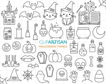 Halloween Things Clipart, Ghost, Witch's Cat, Pumpkin, Jack o' Lantern, Halloween Doodles Digital Stamps, SVG, PNG, 0041