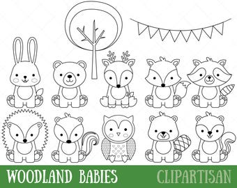 Woodland Animals Digital Stamps | Baby Animal Digital Stamp | Cute Woodland Coloring Page | Vector File