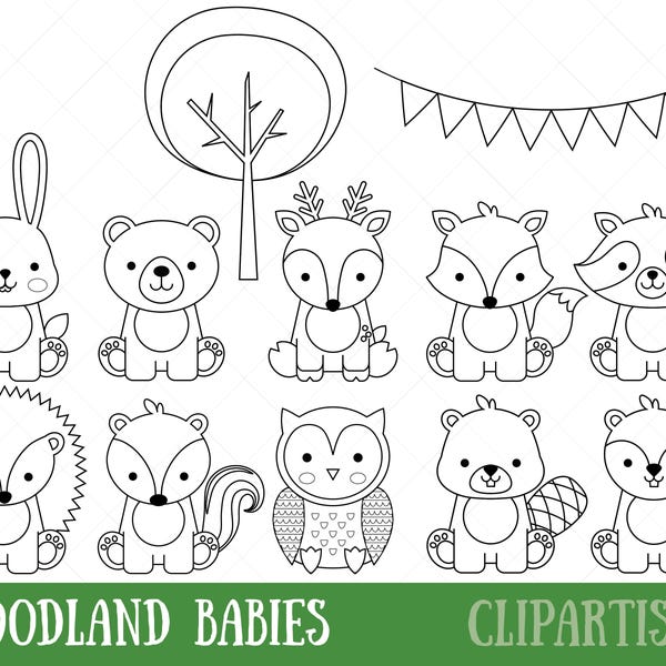 Woodland Animals Digital Stamps | Baby Animal Digital Stamp | Cute Woodland Coloring Page | Vector File