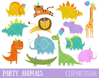 May include: A set of 11 colorful party animal illustrations, including a giraffe, lion, elephant, hippopotamus, crocodile, triceratops, and dinosaurs, all wearing party hats. The illustrations are perfect for party decorations, invitations, or scrapbooking.