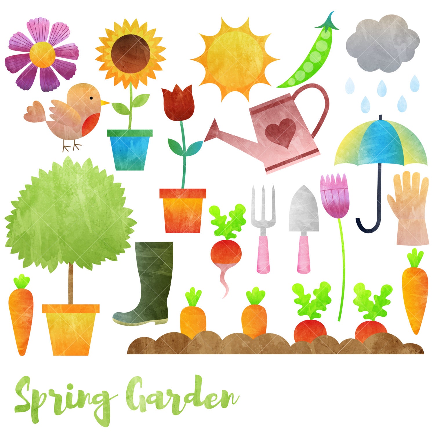 Spring Garden Clipart / Gardening Clip Art / Watercolor | Etsy
