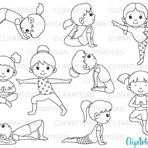 Yoga Digital Stamps, Yoga Girls, Yoga Kids Clipart, Yoga Children, Yoga Class Exercise Clipart, Meditation Clipart INSTANT DOWNLOAD 0004