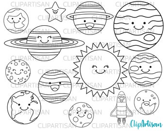 Kawaii Planets Digital Stamps, Cute Planets, Happy Solar System, Smiley Planets, INSTANT DOWNLOAD