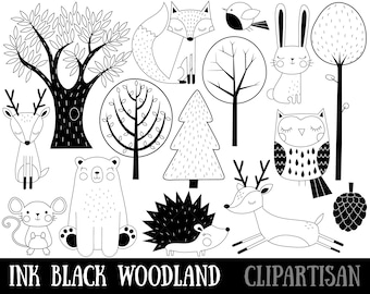 Woodland Animals Clipart | Nursery Woodland Printable | Black and White Animals