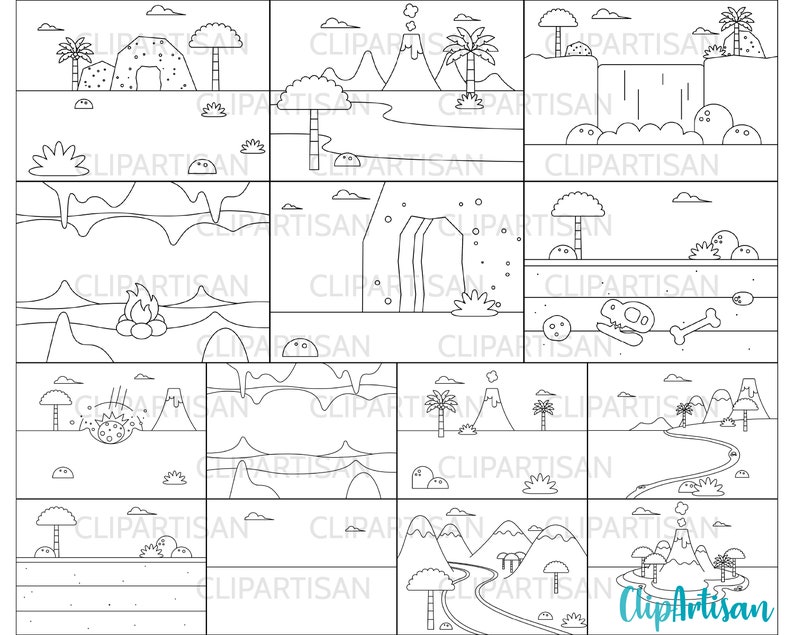 Dinosaur Background Scenes Clip Art, Dinosaur Busy Book Printout, Prehistoric Animal Coloring Book Printable, PNG, Instant Download, 0040 image 1