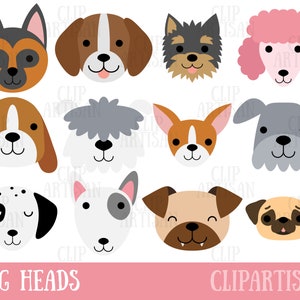 May include: Set of 12 cartoon dog head illustrations in various breeds and colors. The dog heads are all facing forward and have simple, cartoon-like features. The illustrations are perfect for use in digital projects, crafts, and more.