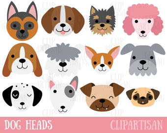 Puede incluir: Conjunto de 12 ilustraciones de cabezas de perros de dibujos animados en varias razas y colores. Las cabezas de perro están todas mirando hacia adelante y tienen características simples y de dibujos animados. Las ilustraciones son perfectas para usar en proyectos digitales, manualidades y más.