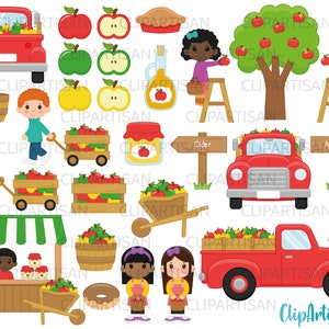 May include: A set of colorful cartoon illustrations featuring an apple orchard, a red truck, a farmer's market stand, and children picking apples. The illustrations are perfect for creating fall-themed crafts, cards, or decorations.