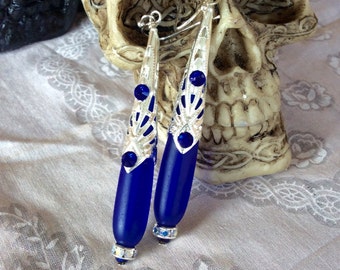 Gothic Blue Drop Earrings-Victorian Drop Earrings-Silver Gothic Earrings-Seaglass Blue Drop Earrings-Art Nouveau Earrings-Blue Crystal