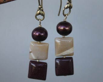 Handmade beaded earrings on fancy 14K gold filled ear wires top pearls and mookaite squares in rosy browns and creams