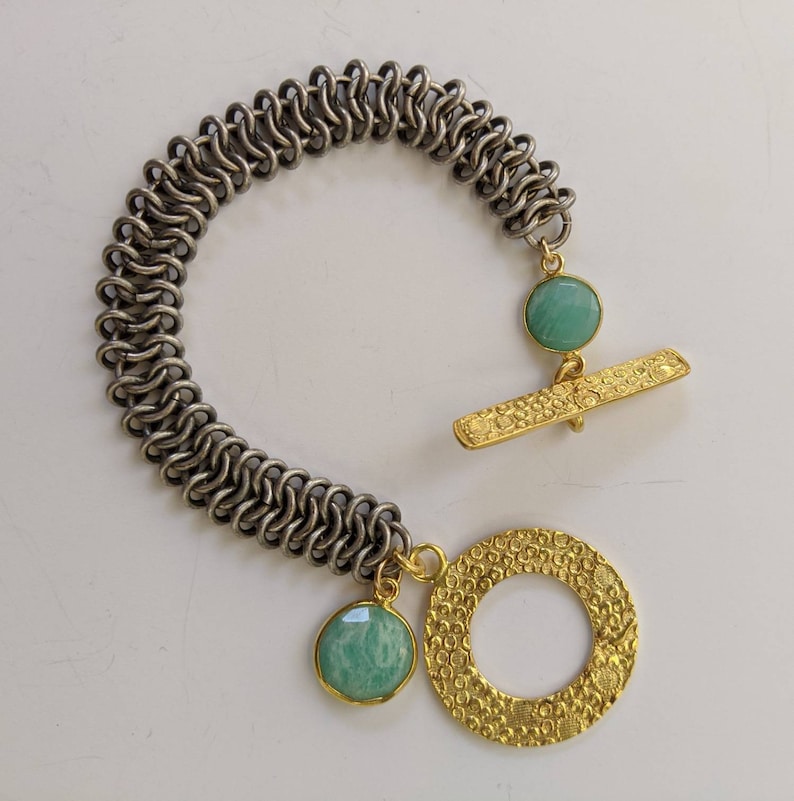 Textured gold toggle and vermeil bezel set coin amazonite add contrast to sealed oxidized silver plated chainmaille links
