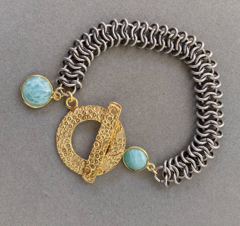 Textured gold toggle and vermeil bezel set coin amazonite add contrast to sealed oxidized silver plated chainmaille links