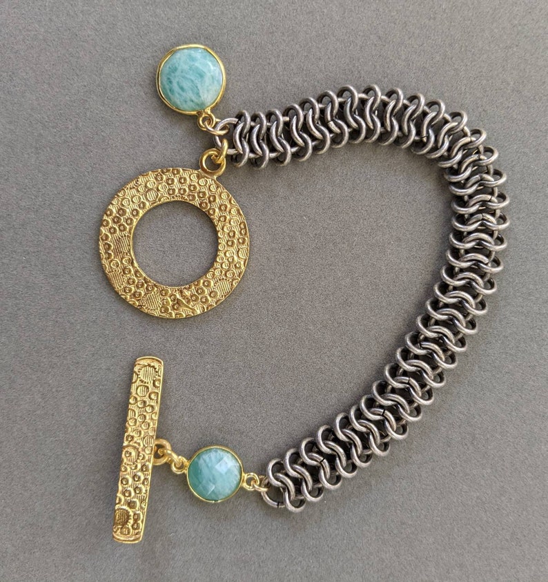Textured gold toggle and vermeil bezel set coin amazonite add contrast to sealed oxidized silver plated chainmaille links