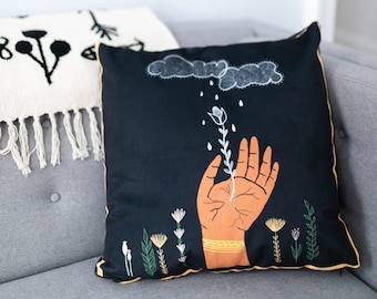 Funda de almohada Pachamama. Almohada decorativa Boho. Decoración del hogar Boho. Decoración del hogar en negro y oro. Almohadas de sofá. Madre Naturaleza. Madre Tierra.