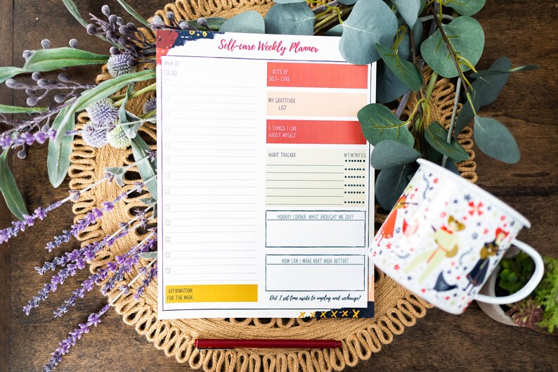 May include: A printable self-care weekly planner with sections for to-do list, acts of self-care, gratitude list, things I love about myself, habit tracker, hourly check-in, how can I make this week better, and affirmations for the week.