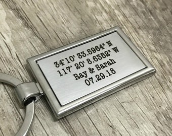 Personalized Tag - Custom Key Chain, Custom Keychain, Gift Idea for Him, Custom Engraved Coordinate Keychain, Monogram Engraved Keychain