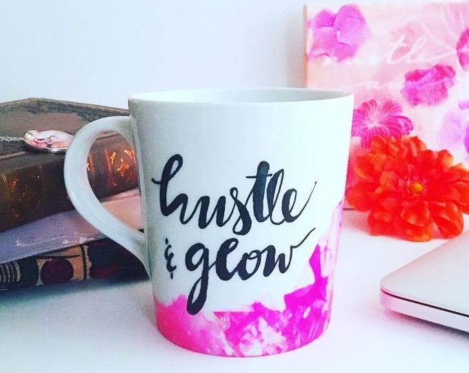 Hand-Painted Hustle & Glow Mug Candle, Butter Pecan Scent, Crate and Barrel Porcelain