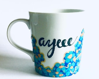 Hand-Painted Ayeee Mug with Butter Pecan Candle, Crate and Barrel Porcelain