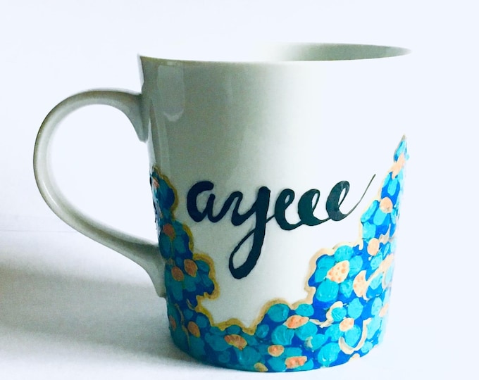 Hand-Painted Ayeee Mug with Butter Pecan Candle, Crate and Barrel Porcelain