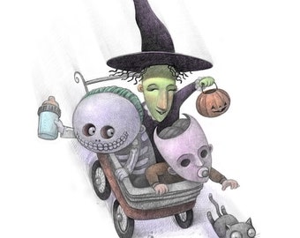 11X14&quot; Baby Locked Gestalkt en nauwelijks Trick or Treaters, Kleurenafdruk, Ondertekend