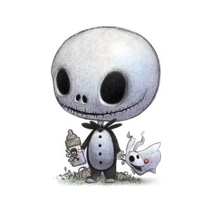 11X14&quot; Baby Jack-o-lantern Skeleton boy with bottle of poison, signed