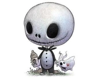 11X14" Baby Jack-o-lantern Skeleton boy with bottle of poison, signed