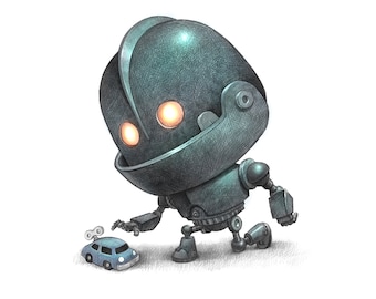 11X14&quot; Baby Iron gigantische robot met speelgoedauto, kleurenprint, ondertekend