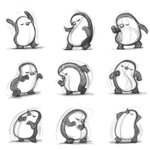 Bocetos de pingüinos bailando de 8X10", impresión en blanco y negro, firmado