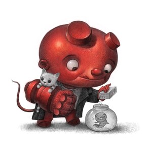 11X14&quot; Baby Heckboy, with kitten and baby Abe fish thing. Print, signed