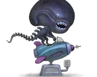 11X14" Baby Alien, Xenomorph, with braces and a toy space ship, signed Print