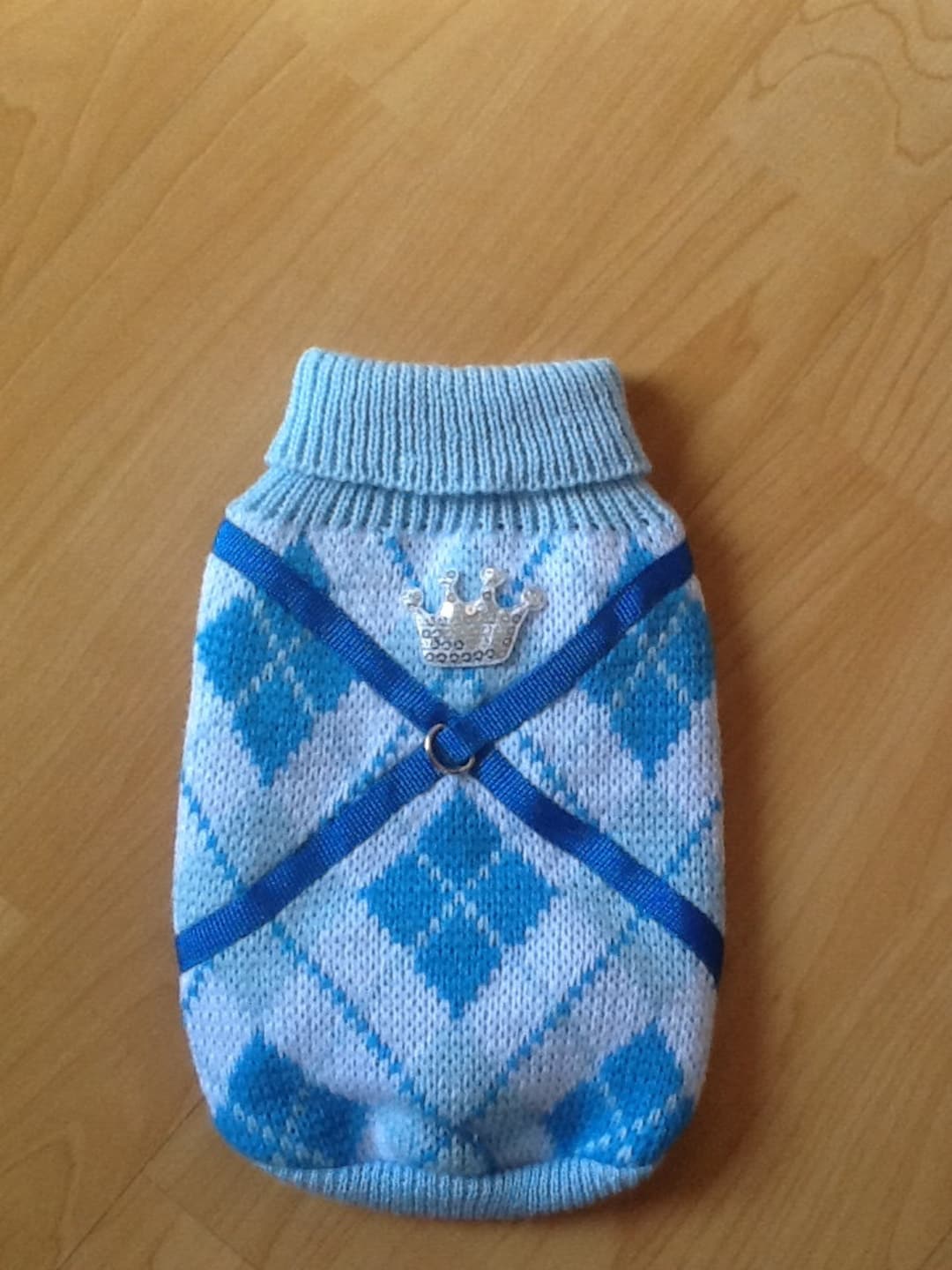 Blue Argyle Dog Sweater and Adjustable Harness, All in One.