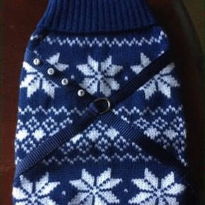May include: Blue and white knitted dog sweater with a snowflake pattern and a blue strap with a buckle.