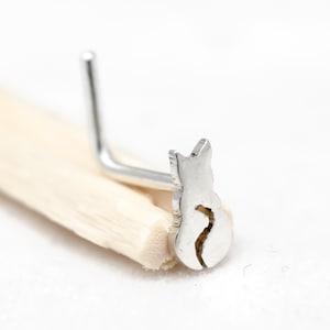 Cat nose stud hand finished sterling silver. Cal lover gift. Tiny kitten nose stud. Silver cat gift. Pet nose piercing. L-shape post.